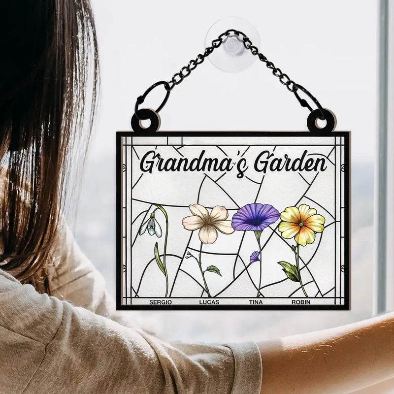 Gift For Grandma, Grandma - Grandkids, Happy - Grandma's Garden Stained Glass Birth Month Flower - Personalized Window Hanging Suncatcher Ornament