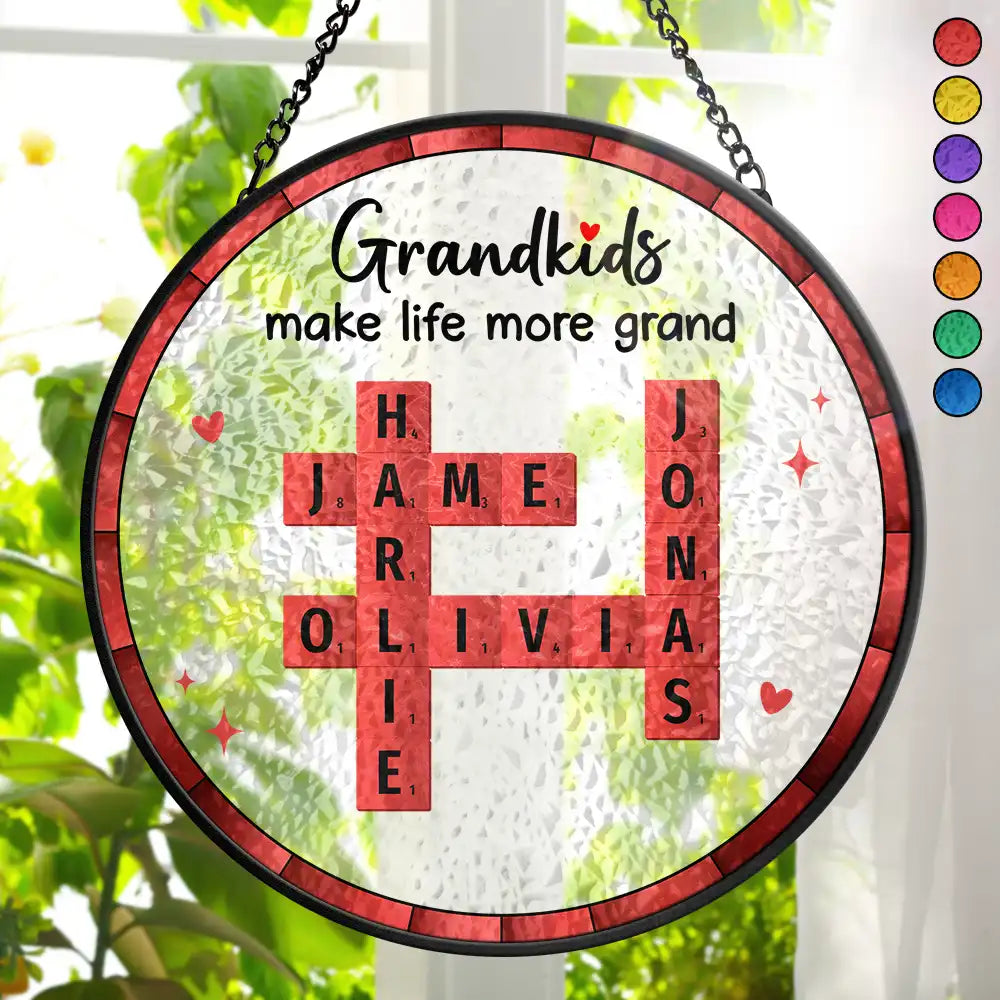 Gift For Grandma, Grandma - Grandkids, Happy - Crossword Grandkids Make Life More Grand - Personalized Stained Glass Window Hanging Suncatcher