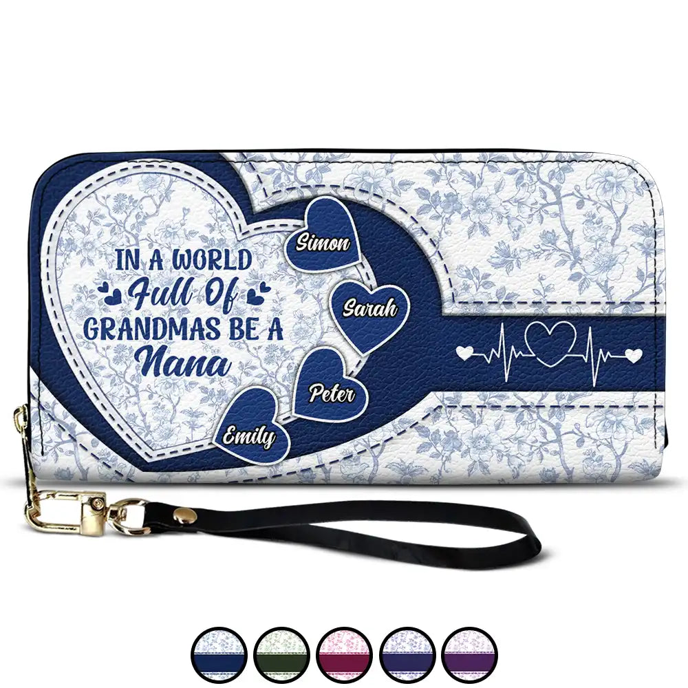 Gift For Grandma, Grandma - Grandkids, Happy - In The World Full Of Grandmas Toile De Jouy Heart Icon - Personalized Leather Long Wallet