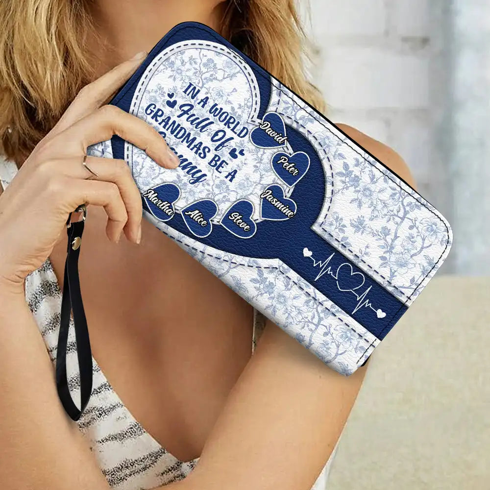 Gift For Grandma, Grandma - Grandkids, Happy - In The World Full Of Grandmas Toile De Jouy Heart Icon - Personalized Leather Long Wallet