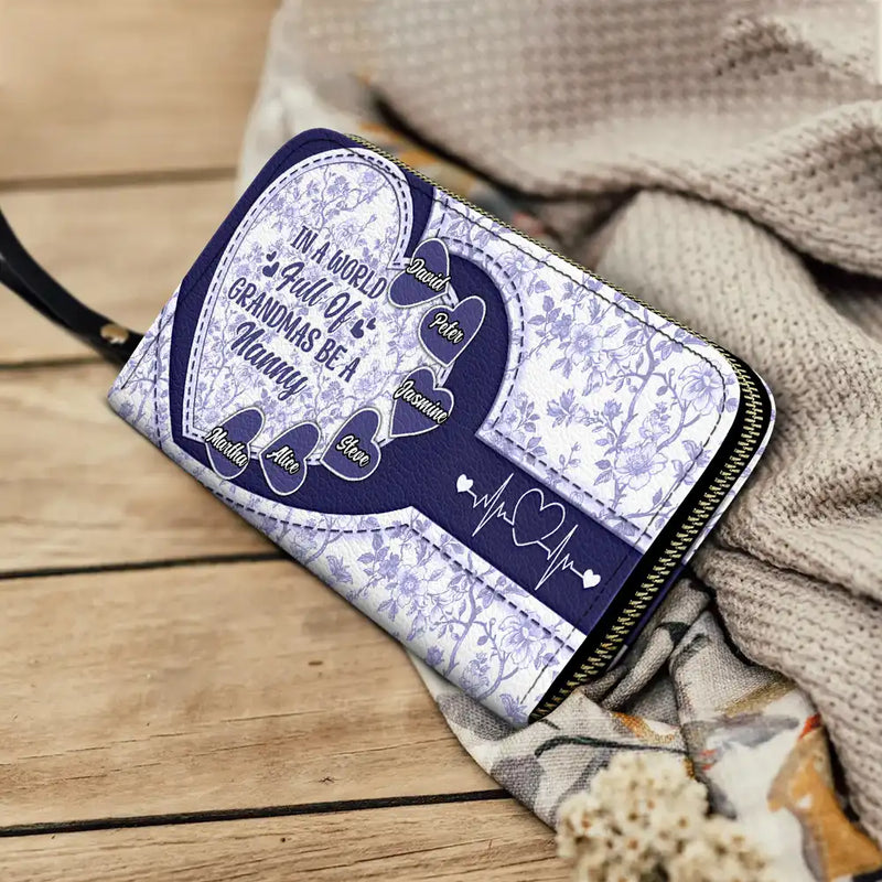 Gift For Grandma, Grandma - Grandkids, Happy - In The World Full Of Grandmas Toile De Jouy Heart Icon - Personalized Leather Long Wallet