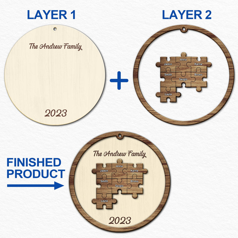 Christmas Family Puzzle Ornament Custom Name - Gift For Family - Personalized 2-Layered Wooden Ornament