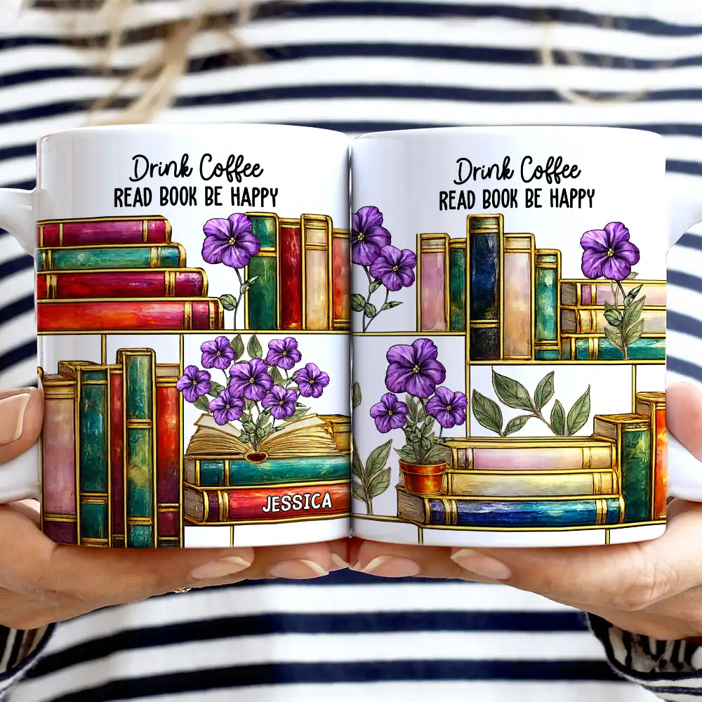 Reading,Gift For Yourself,Happy - Stained Glass Style Birth Month Flower A Girl Who Loves Books - Personalized White Edge-to-Edge Mug