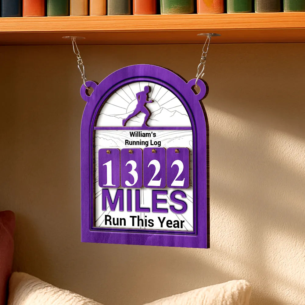 Gift For Yourself,Happy - Running Log Tracker Miles Run This Year - Personalized Hanging Tracker Sign