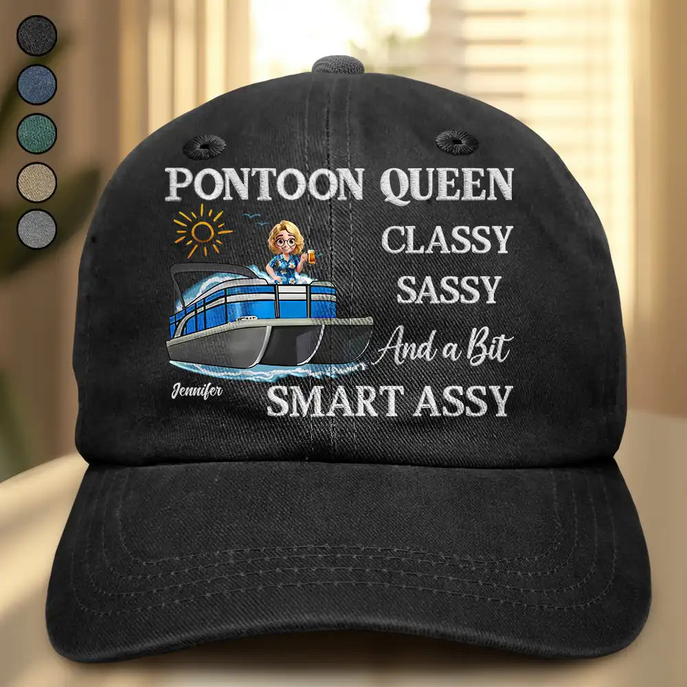 Pontoon,Gift For Yourself,Gift For Women,Funny - Pontoon Queen Classy Sassy - Personalized Vintage Washed Denim Cap