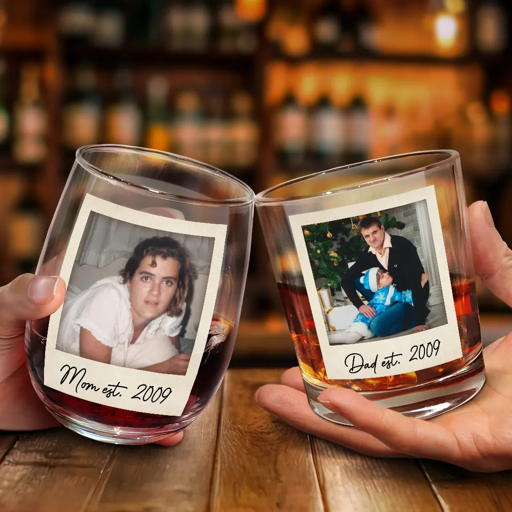 Custom Photo,Gift For Mother,Gift For Father,Happy - Custom Photo Mom Dad EST - Personalized Combo Wine & Whiskey Glass