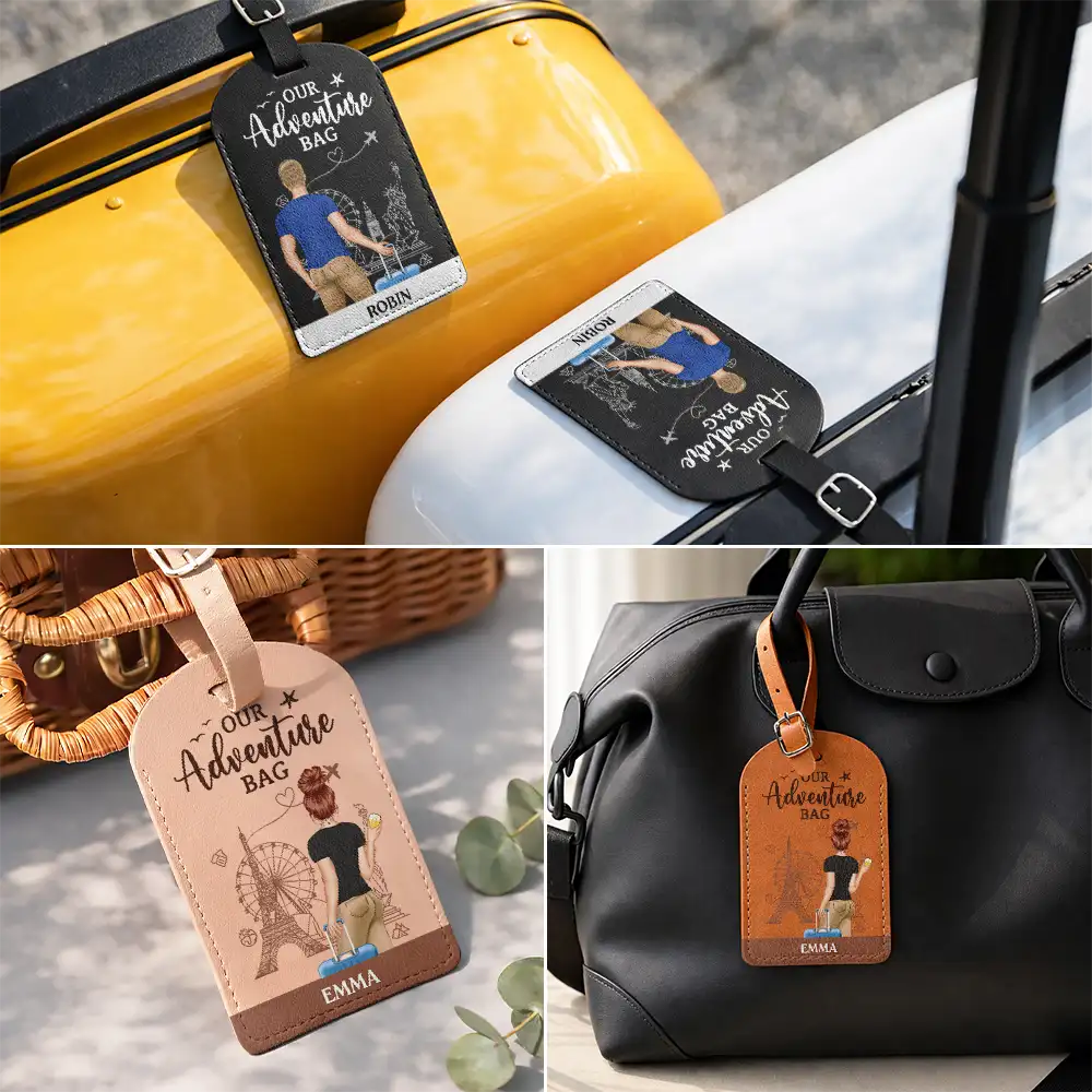 Travel,Gift For Couples,Gift For Husband,Gift For Wife,Gift For Boyfriend,Gift For Girlfriend,Happy - Our Adventure Bag - Personalized Combo 2 Leather Luggage Tags