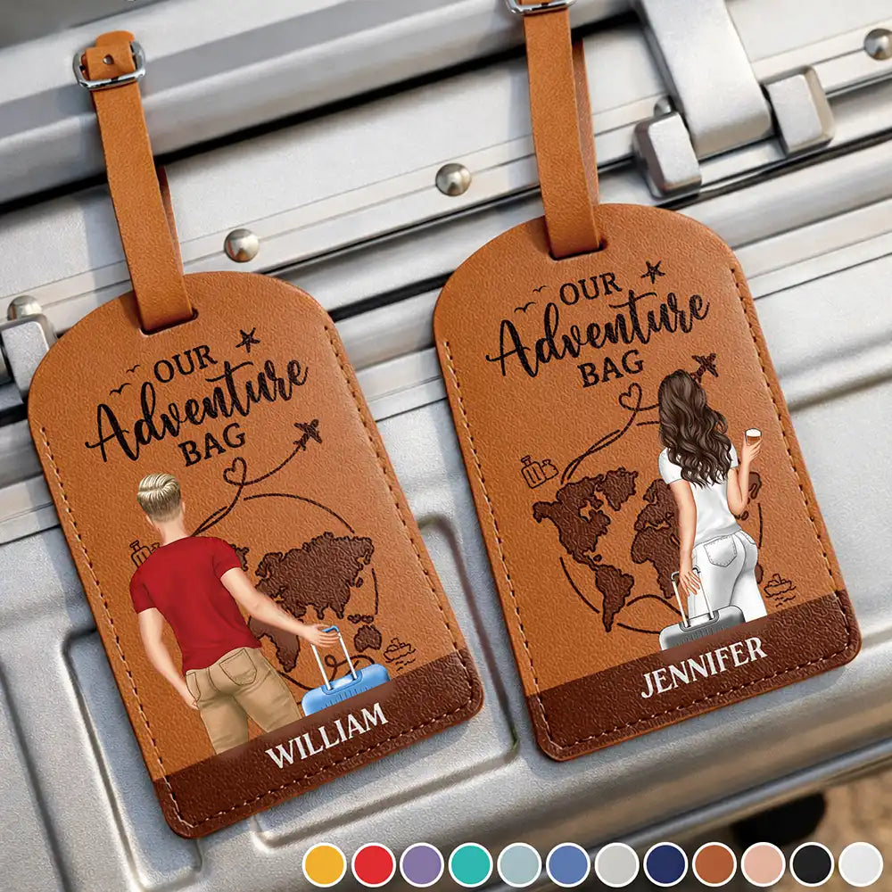 Travel,Gift For Couples,Gift For Husband,Gift For Wife,Gift For Boyfriend,Gift For Girlfriend,Happy - Our Adventure Bag - Personalized Combo 2 Leather Luggage Tags