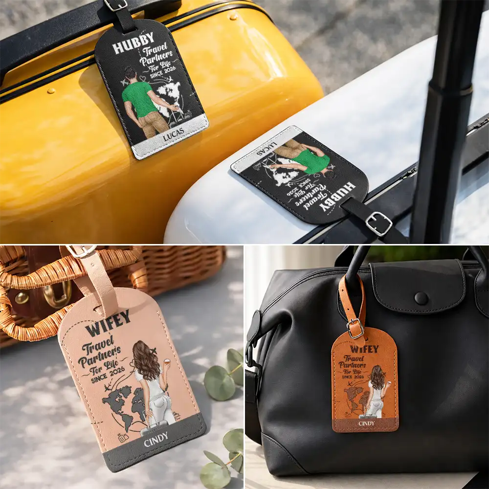 Travel,Gift For Couples,Gift For Husband,Gift For Wife,Gift For Boyfriend,Gift For Girlfriend,Happy - Travel Partner For Life - Personalized Combo 2 Leather Luggage Tags