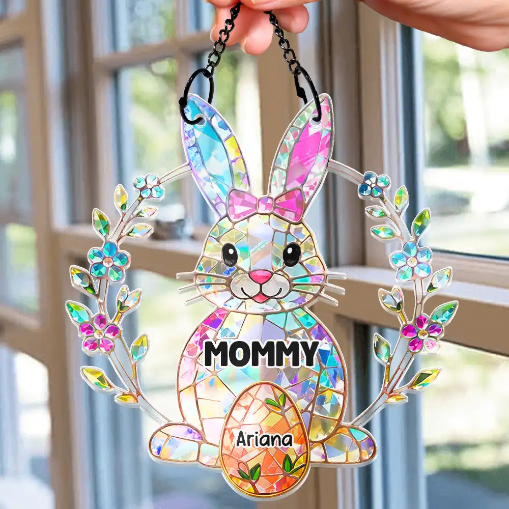 Happy,Gift For Wife,Gift For Mother,Gift For Grandma,Easter - Easter Bunny Egg Grandma Mom Glass Effect - Personalized Window Hanging Suncatcher Ornament