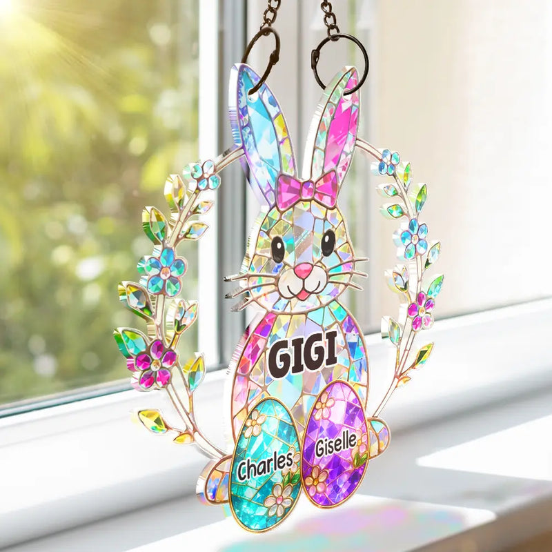 Happy,Gift For Wife,Gift For Mother,Gift For Grandma,Easter - Easter Bunny Egg Grandma Mom Glass Effect - Personalized Window Hanging Suncatcher Ornament