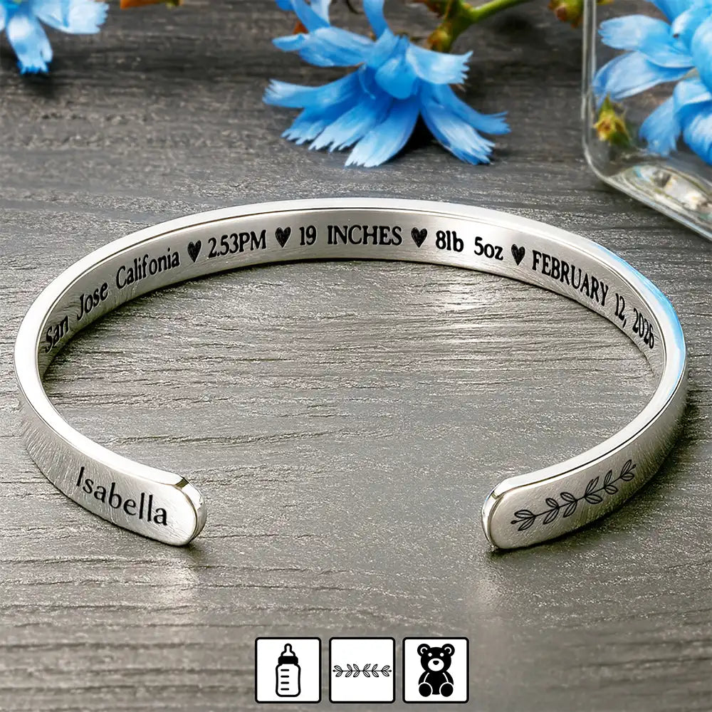 New Mom, New baby, New Dad, Happy - Baby Newborn Information - Personalized Bangle Bracelet Cuff