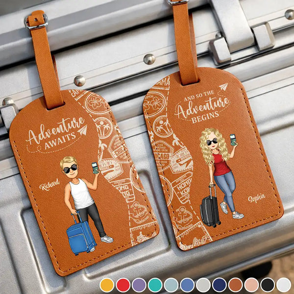 Travel,Gift For Couples,Gift For Husband,Gift For Wife,Happy - Travel Couple And So The Adventure Begins - Personalized Combo 2 Leather Luggage Tags