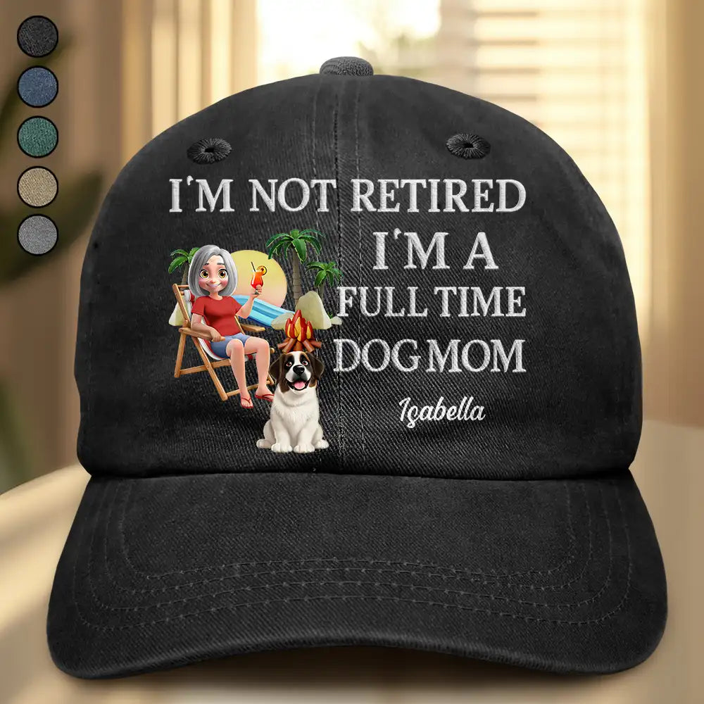 Retired Full Time Dog Cat Mom 3D Embroidery Effect - Personalized Vintage Washed Denim Cap
