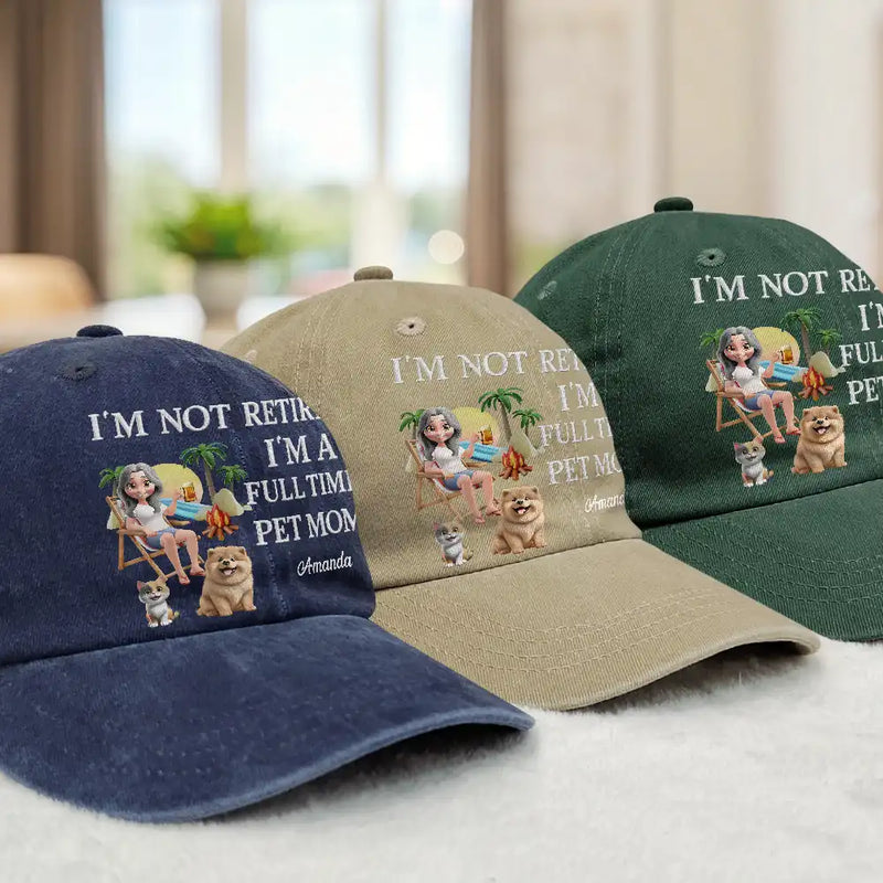 Pet Lovers,Pet Mom,Happy - Retired Full Time Dog Cat Mom 3D Embroidery Effect - Personalized Vintage Washed Denim Cap