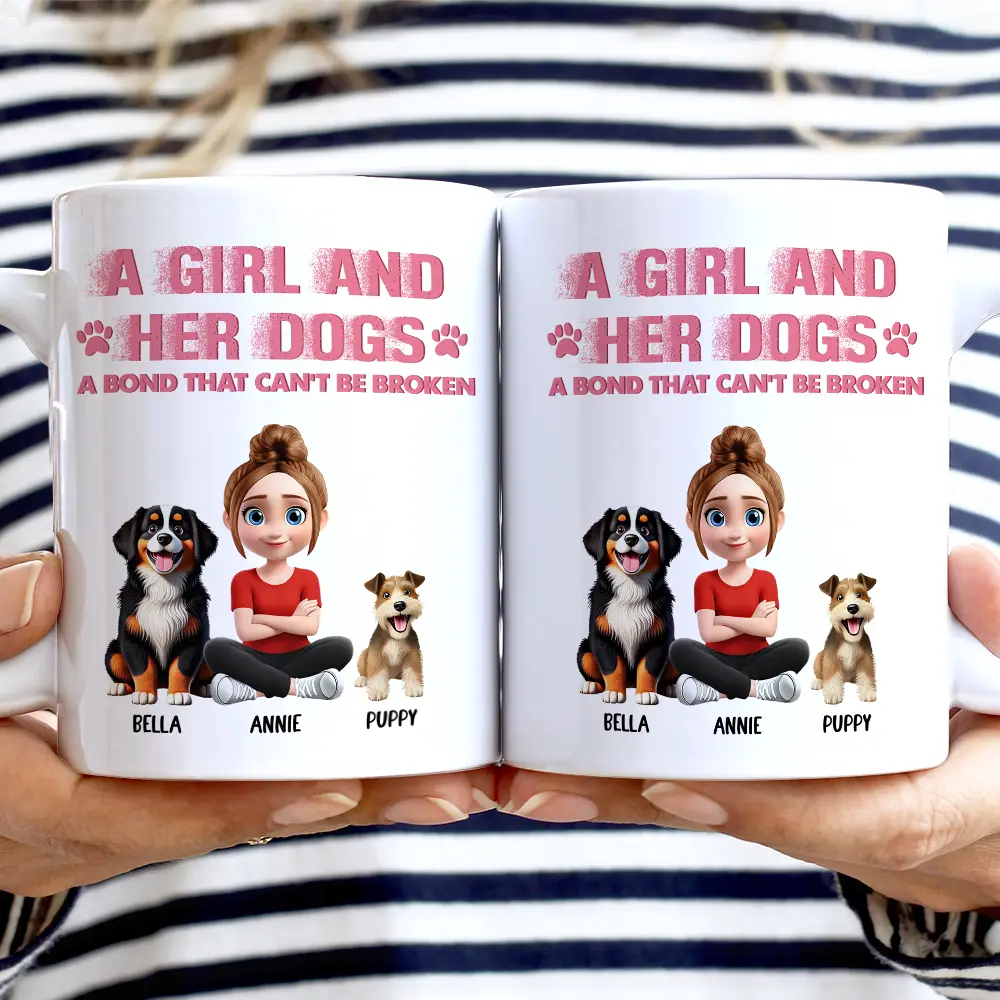 Pet Lovers,Pet Mom,Pet Dad,Cat Lovers,Cat Mom,Cat Dad,Dog Lovers,Dog Mom,Dog Dad,Gift For Women,Gift For Men,Happy,Top Market - Distressed Text Effect A Girl And Her Dogs Cat - Personalized White Edge-to-Edge Mug