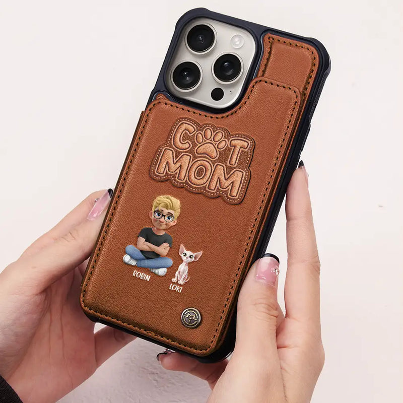 Pet Lovers,Pet Mom,Pet Dad,Cat Lovers,Cat Mom,Cat Dad,Dog Lovers,Dog Mom,Dog Dad,Gift For Women,Gift For Men,Happy,Top Market - Faux Embroidery Effect Pet Mom Pet Dad - Personalized Leather Flip Wallet Phone Case