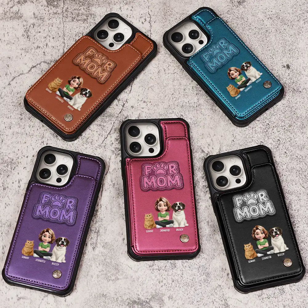 Pet Lovers,Pet Mom,Pet Dad,Cat Lovers,Cat Mom,Cat Dad,Dog Lovers,Dog Mom,Dog Dad,Gift For Women,Gift For Men,Happy,Top Market - Faux Embroidery Effect Pet Mom Pet Dad - Personalized Leather Flip Wallet Phone Case