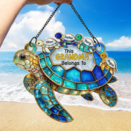 Gift For Grandma, Grandma - Grandkids, Beach, Happy, Gift For Mother - Turtle This Grandma Belongs To - Personalized Window Hanging Suncatcher Ornament