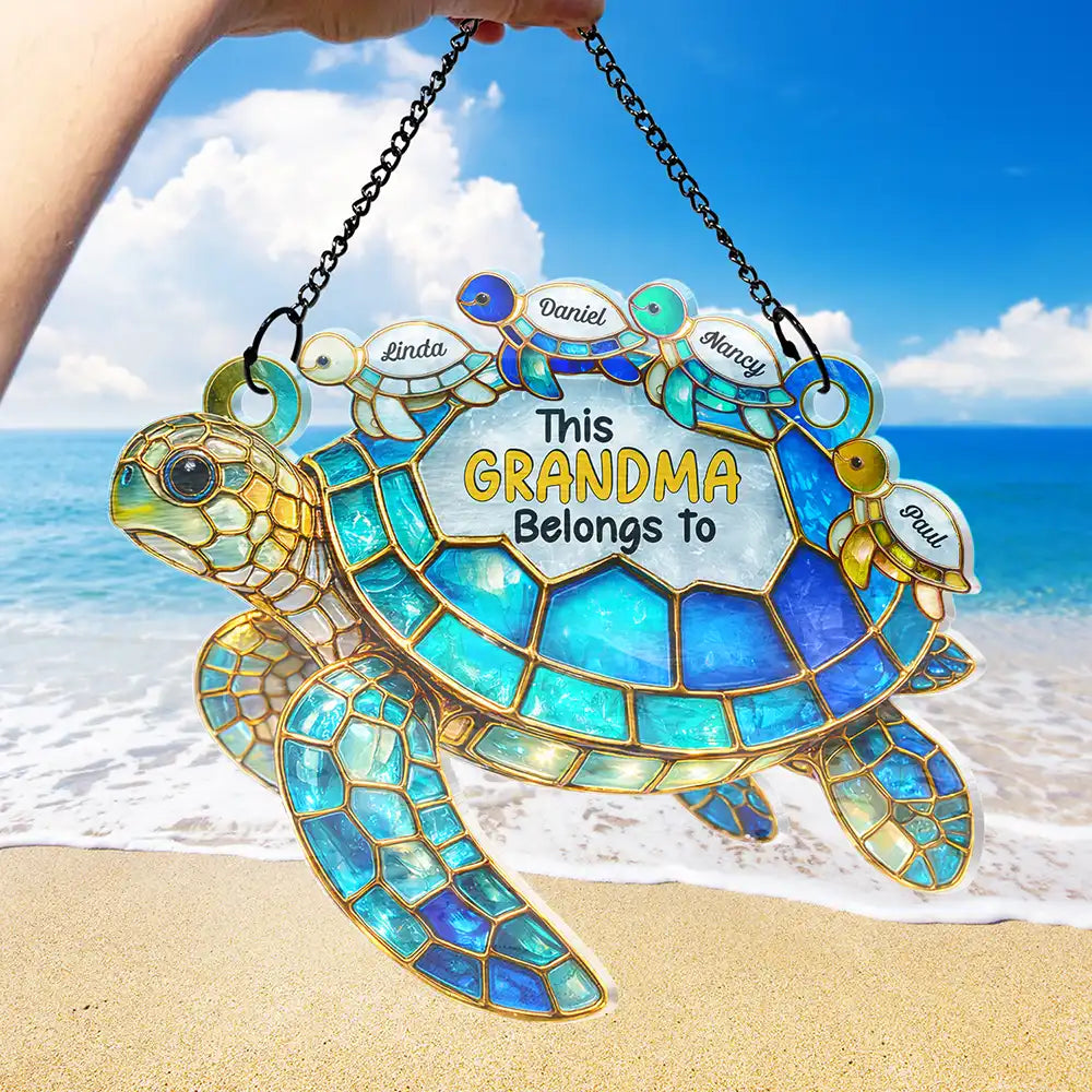 Gift For Grandma, Grandma - Grandkids, Beach, Happy, Gift For Mother - Turtle This Grandma Belongs To - Personalized Window Hanging Suncatcher Ornament