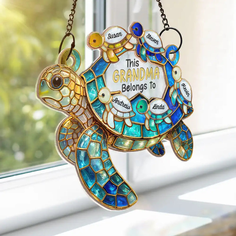 Gift For Grandma, Grandma - Grandkids, Beach, Happy, Gift For Mother - Turtle This Grandma Belongs To - Personalized Window Hanging Suncatcher Ornament