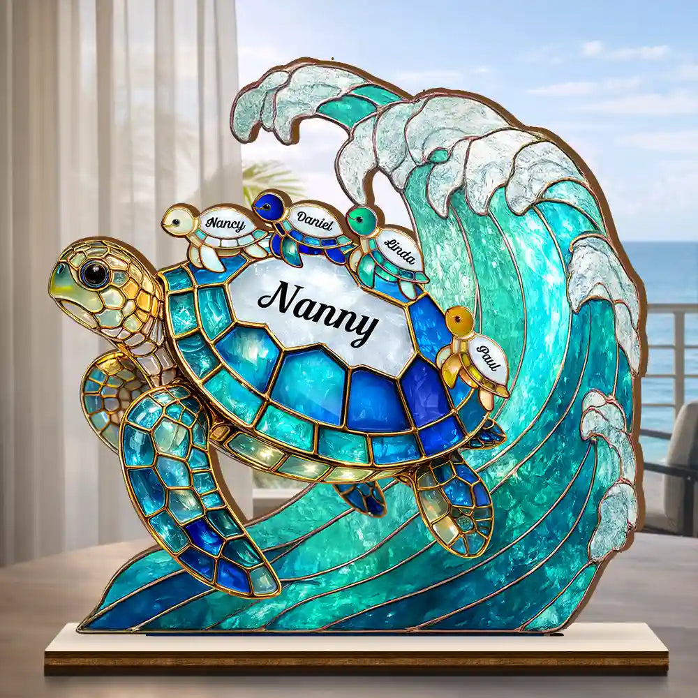 Gift For Grandma,Grandma - Grandkids,Gift For Mother,Beach,Happy - Turtle Stained Glass Mom Grandma - Personalised
