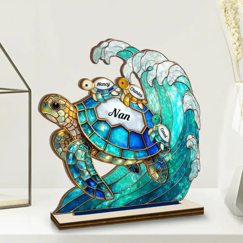 Gift For Grandma,Grandma - Grandkids,Gift For Mother,Beach,Happy - Turtle Stained Glass Mom Grandma - Personalised