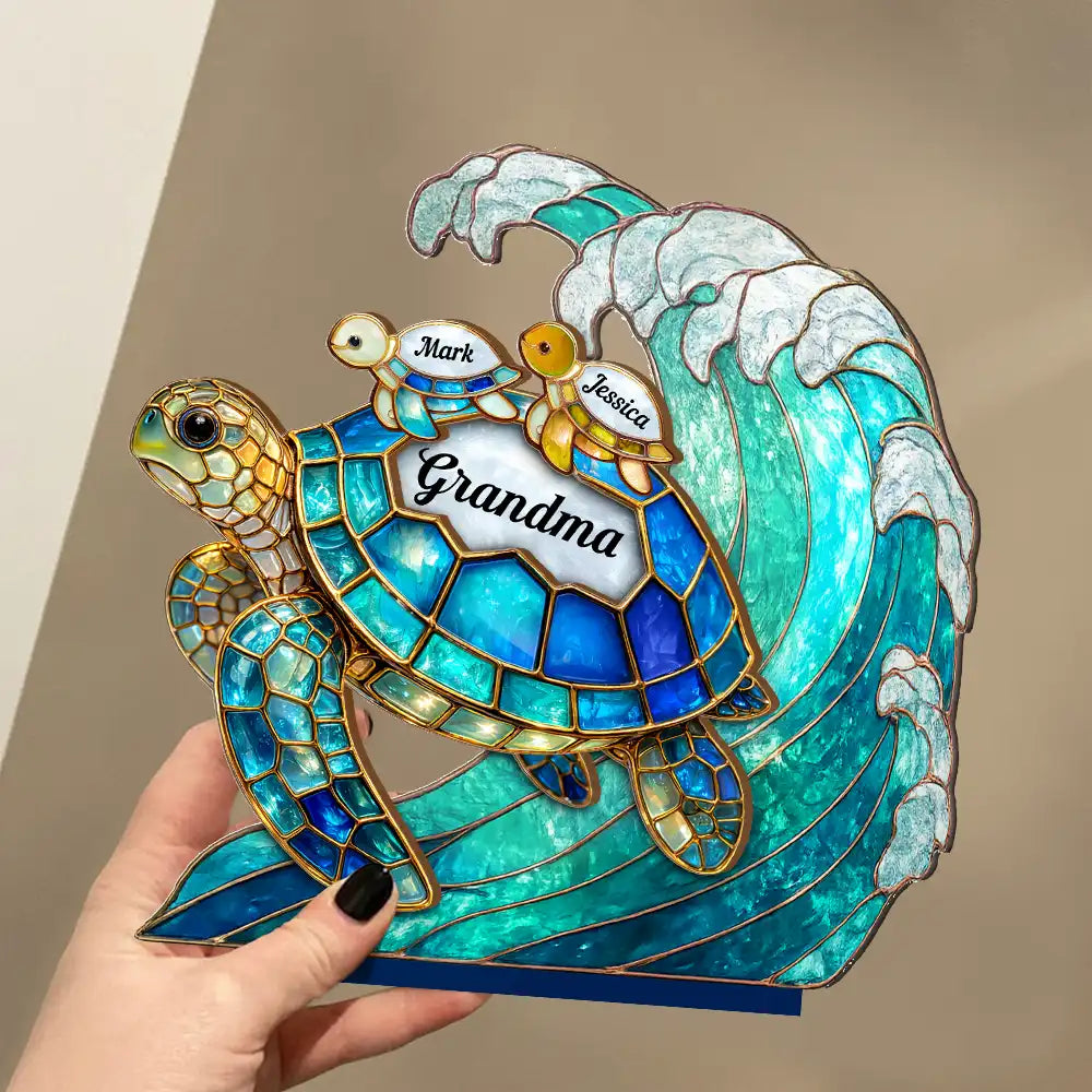 Gift For Grandma,Grandma - Grandkids,Gift For Mother,Beach,Happy - Turtle Stained Glass Mom Grandma - Personalised