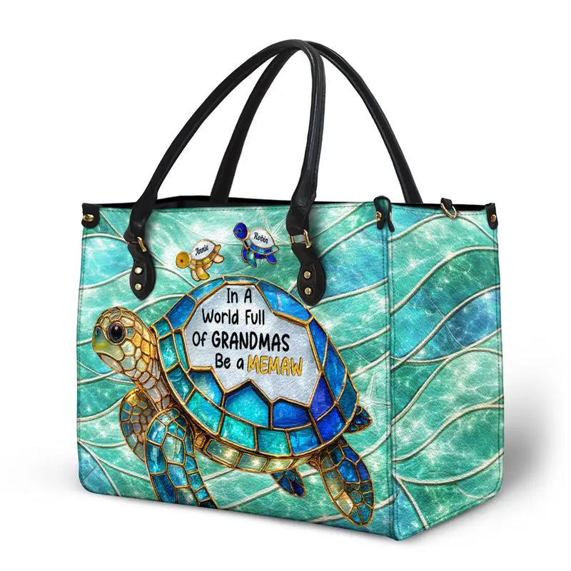 Gift For Grandma,Grandma - Grandkids,Beach,Happy - Turtle In The World Full Of Grandmas - Personalized Leather Bag