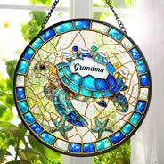 Gift For Grandma,Grandma - Grandkids,Beach,Happy - Turtle Stained Glass Mom Grandma - Personalized Stained Glass Window Hanging Suncatcher