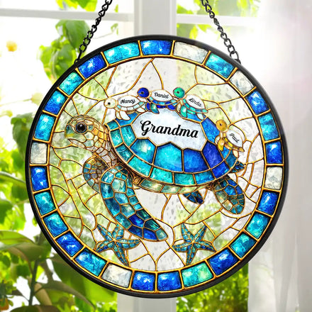 Turtle Stained Glass Mom Grandma - Personalized Stained Glass Window Hanging Suncatcher