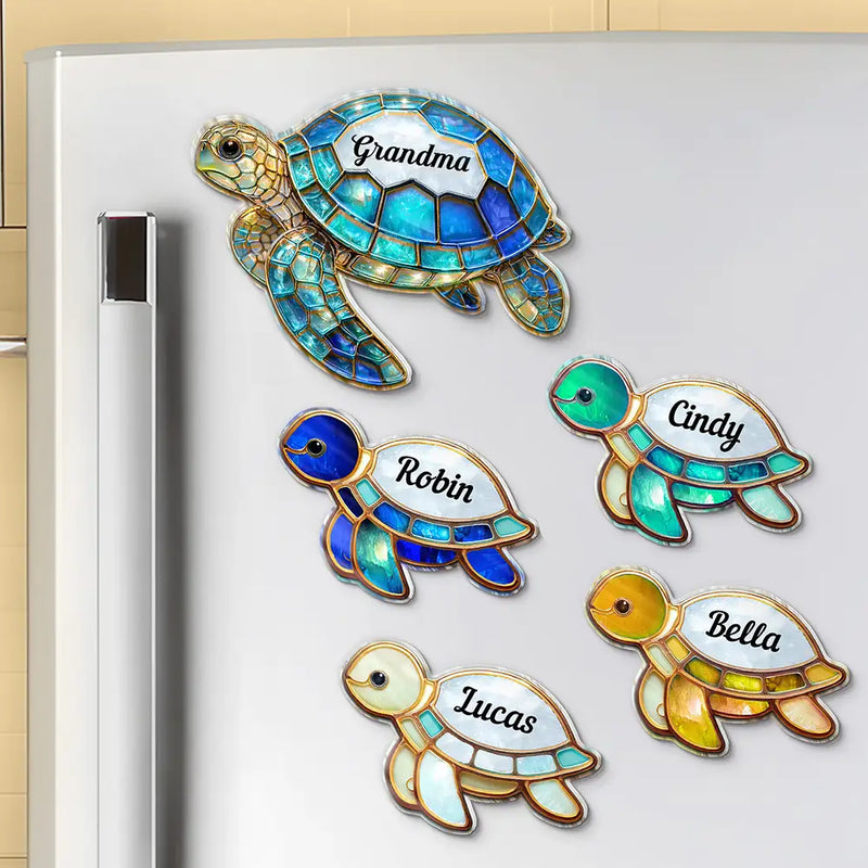 Gift For Grandma, Grandma - Grandkids, Beach, Happy - Grandma Mom Turtle Stained Glass Effect - Personalized Acrylic Fridge Magnet