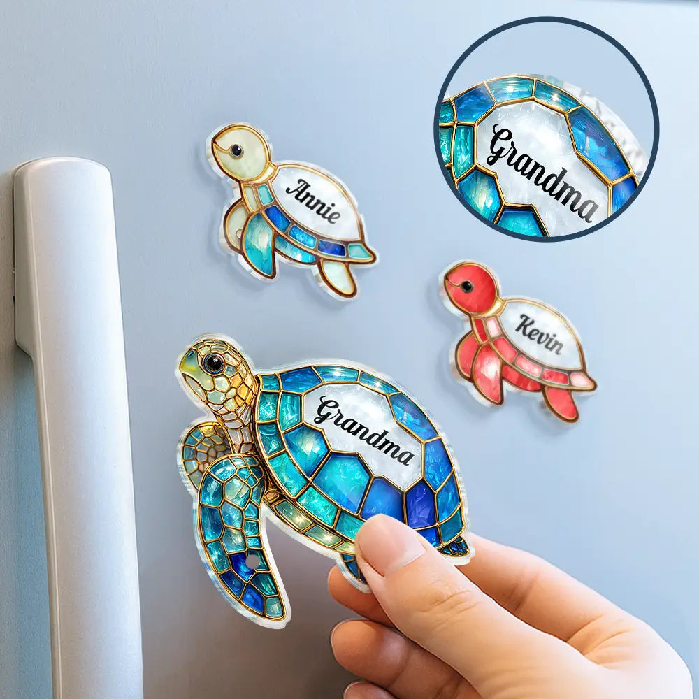 Gift For Grandma, Grandma - Grandkids, Beach, Happy - Grandma Mom Turtle Stained Glass Effect - Personalized Acrylic Fridge Magnet