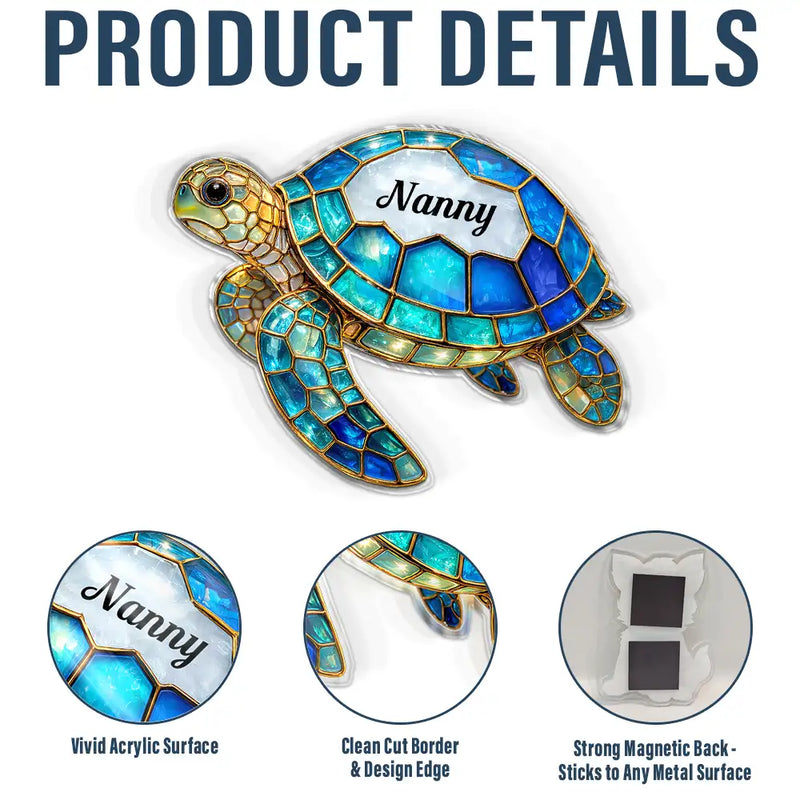 Gift For Grandma,Grandma - Grandkids,Gift For Mother,Beach,Happy - Mum Nanny Turtle Stained Glass Effect - Personalised Acrylic Fridge Magnet