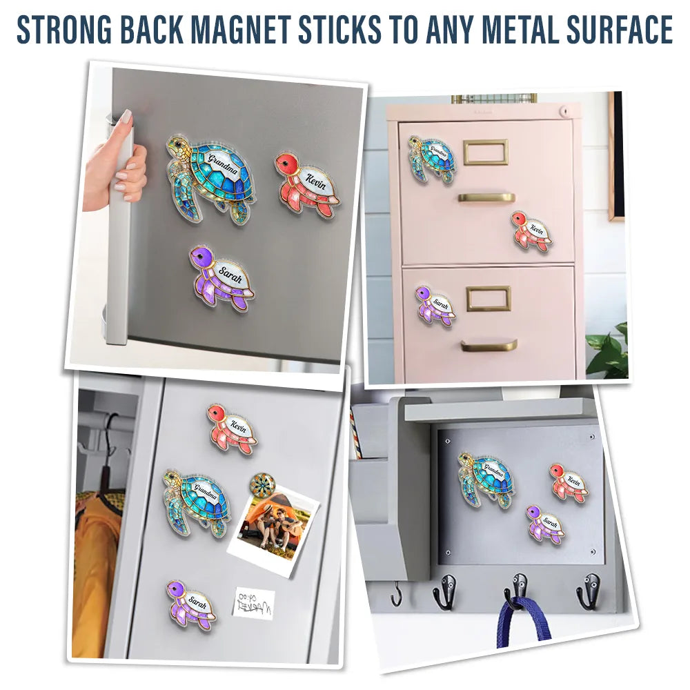 Gift For Grandma, Grandma - Grandkids, Beach, Happy - Grandma Mom Turtle Stained Glass Effect - Personalized Acrylic Fridge Magnet