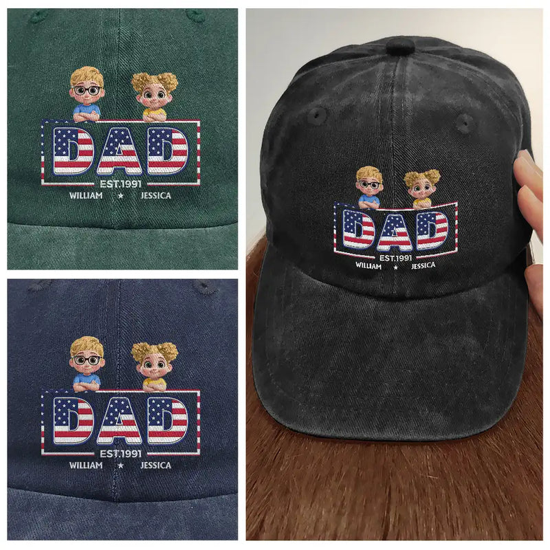 Gift For Father,Gift For Grandpa,Independence Day,Happy - Retro Style America Dad Grandpa 3D Effect - Personalized Vintage Washed Denim Cap
