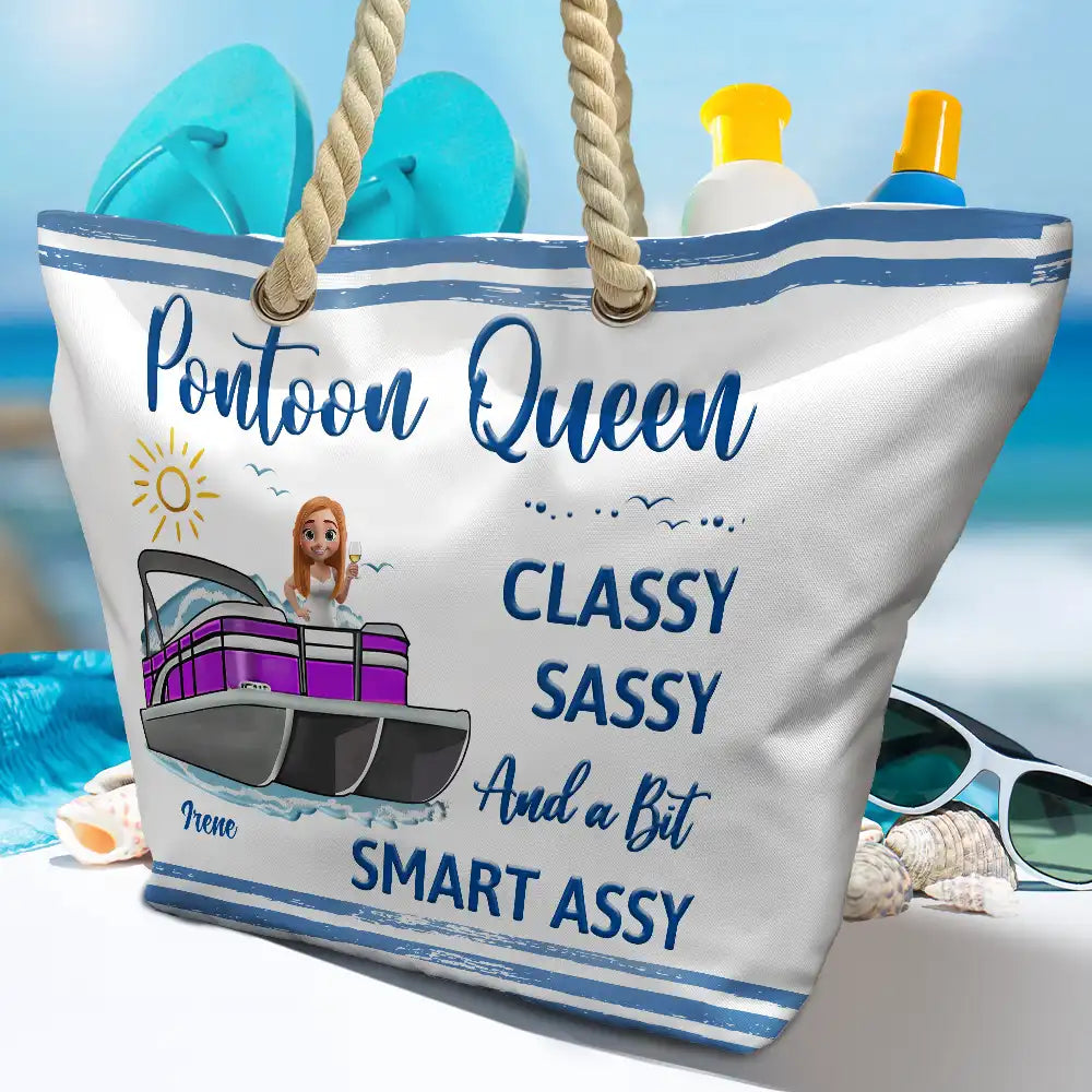 Gift For Yourself,Gift For Women,Pontoon,Lake,Funny - Pontoon Queen Classy Sassy - Personalized Beach Bag