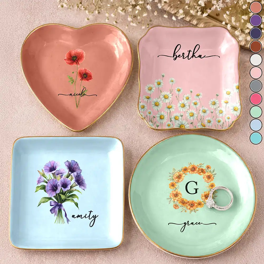 Gift For Yourself,Gift For Women,Gift For Mother,Happy - Birth Month Flower Name Blooming - Personalized Ring Dish