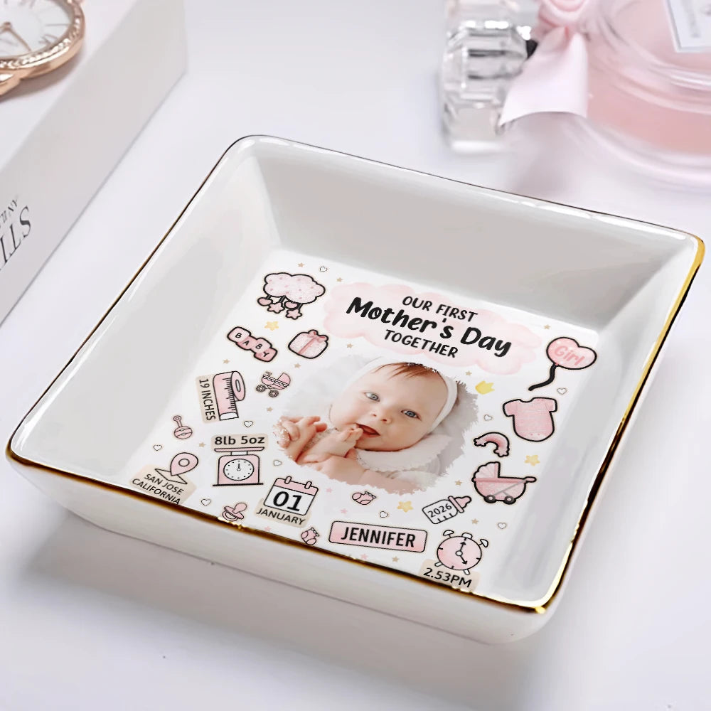 Custom Photo,New Mom,New baby,Happy,Photo,Icon - Custom Photo Our First Mother's Day Information Icon - Personalized Ring Dish