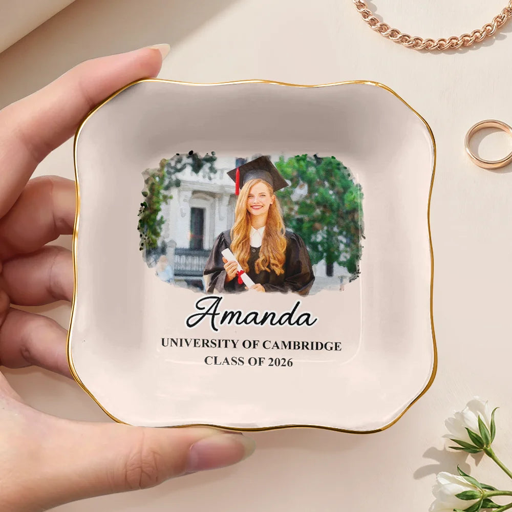 Graduation,Happy,Photo - Watercolor (with BG) - Custom Photo Watercolor Painting Congrats Graduation - Personalized Ring Dish