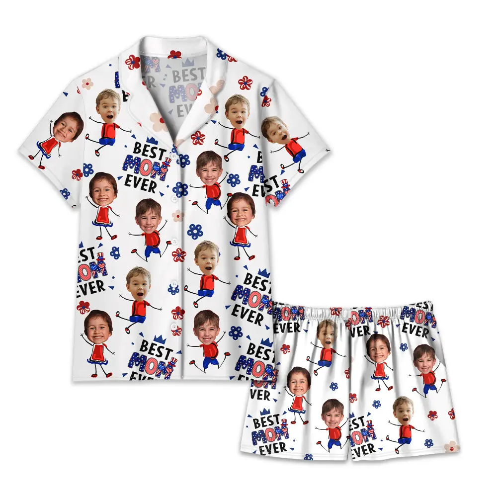 Gift For Mother,Gift For Grandma,Happy,Gift For Father,Gift For Grandpa,Independence Day,Non-Eng,Photo,Icon,Humorous - Custom Photo Stars & Stripes Best Dad Mom Grandpa Grandma Ever - Personalized Short Pajamas Set