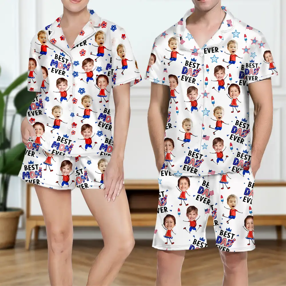 Gift For Mother,Gift For Grandma,Happy,Gift For Father,Gift For Grandpa,Independence Day,Non-Eng,Photo,Icon,Humorous - Custom Photo Stars & Stripes Best Dad Mom Grandpa Grandma Ever - Personalized Short Pajamas Set