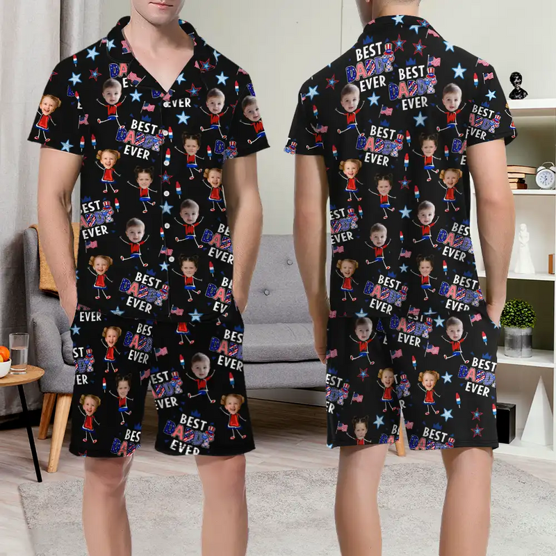 Gift For Mother,Gift For Grandma,Happy,Gift For Father,Gift For Grandpa,Independence Day,Non-Eng,Photo,Icon,Humorous - Custom Photo Stars & Stripes Best Dad Mom Grandpa Grandma Ever - Personalized Short Pajamas Set
