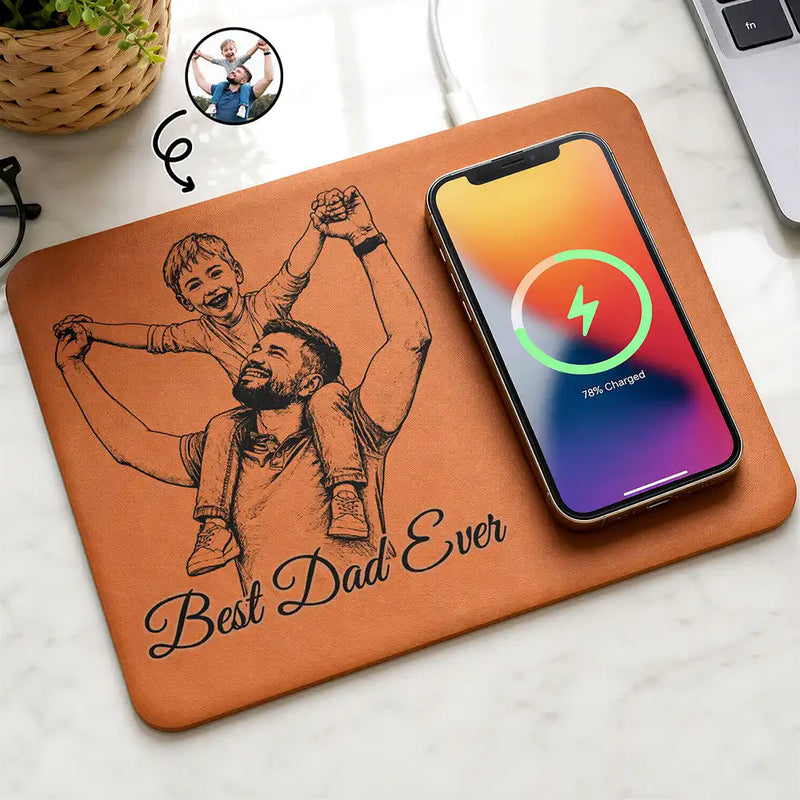 Gift For Men,Gift For Father,Custom Photo,Dad - Children,Non-Eng,Photo - Pencil Sketch,Proud - Custom Photo Pencil Sketch Best Dad Ever - Personalized Leather Charging Mat