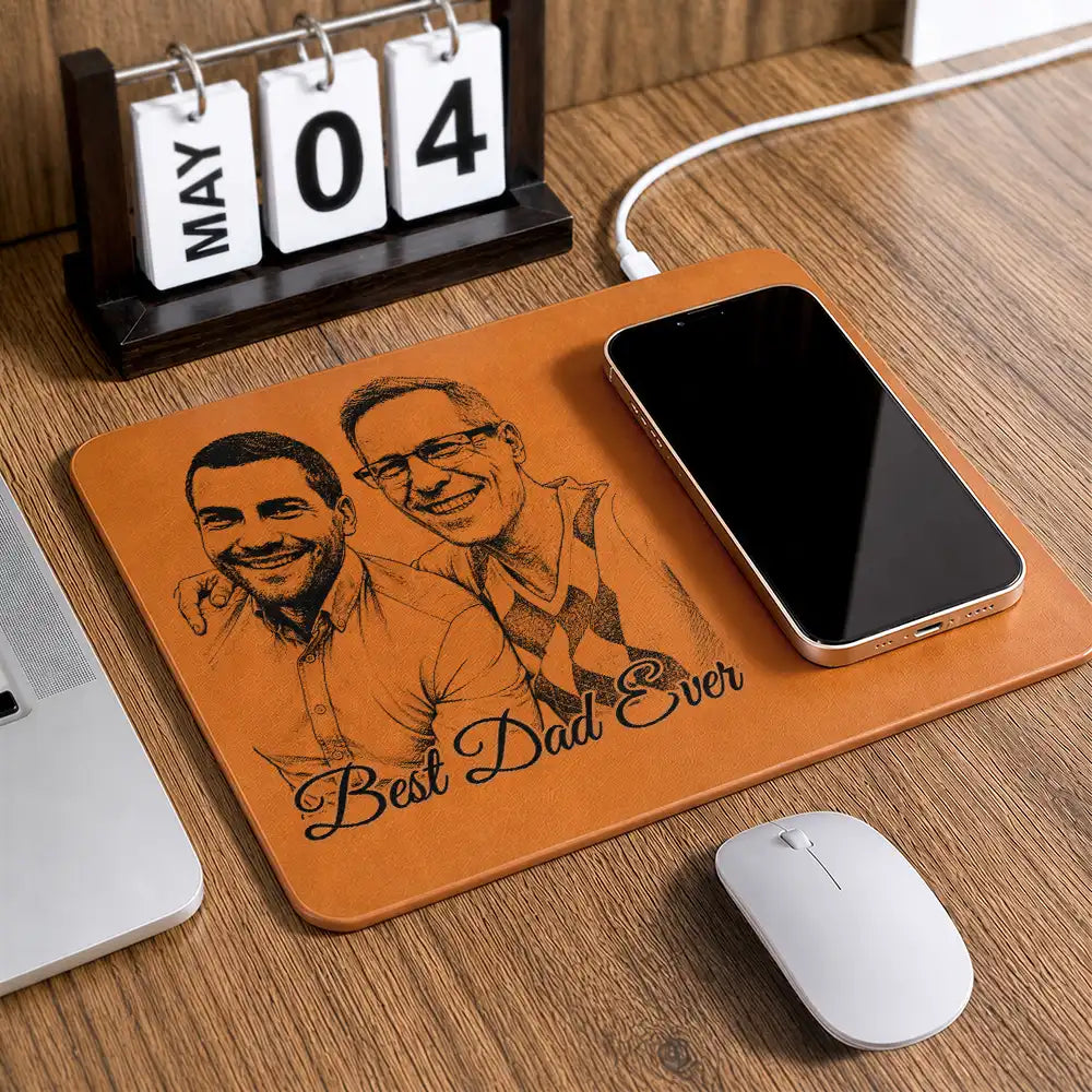 Gift For Men,Gift For Father,Custom Photo,Dad - Children,Non-Eng,Photo - Pencil Sketch,Proud - Custom Photo Pencil Sketch Best Dad Ever - Personalized Leather Charging Mat
