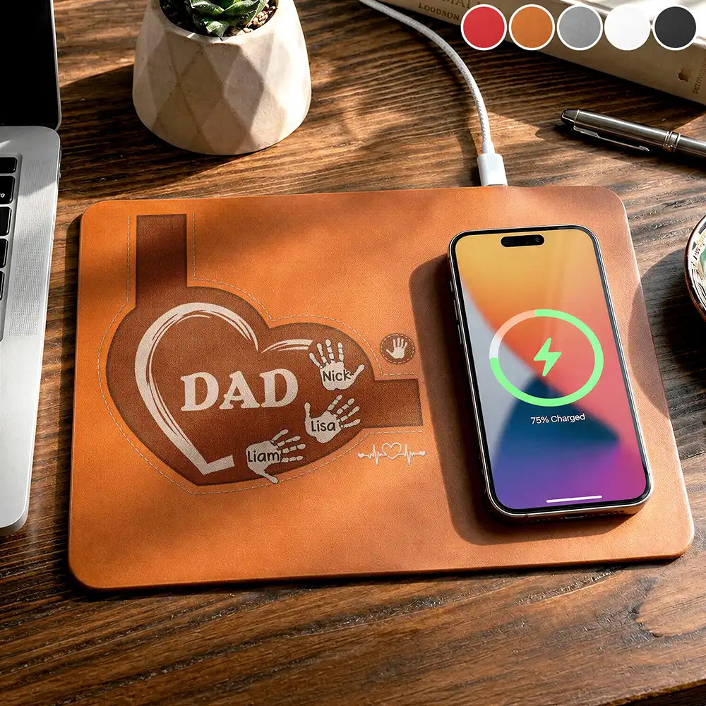 Gift For Father,Gift For Grandpa,Grandpa - Grandkids,Non-Eng,Icon,Proud - Grandpa Dad Kids Handprints - Personalized Leather Charging Mat