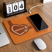 Gift For Father,Gift For Grandpa,Grandpa - Grandkids,Non-Eng,Icon,Proud - Grandpa Dad Kids Handprints - Personalized Leather Charging Mat