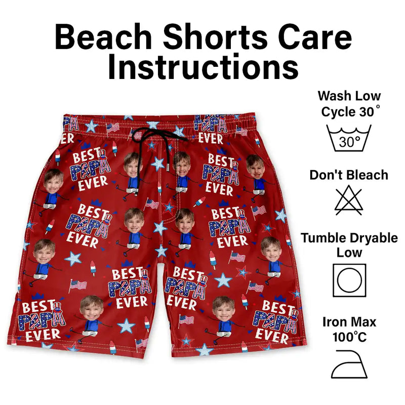 Gift For Mother,Gift For Grandma,Happy,Gift For Father,Gift For Grandpa,Summer,Independence Day,Photo,Icon,Humorous - Custom Photo Stars & Stripes Best Dad Mom Grandpa Grandma Ever - Personalized Unisex Beach Shorts