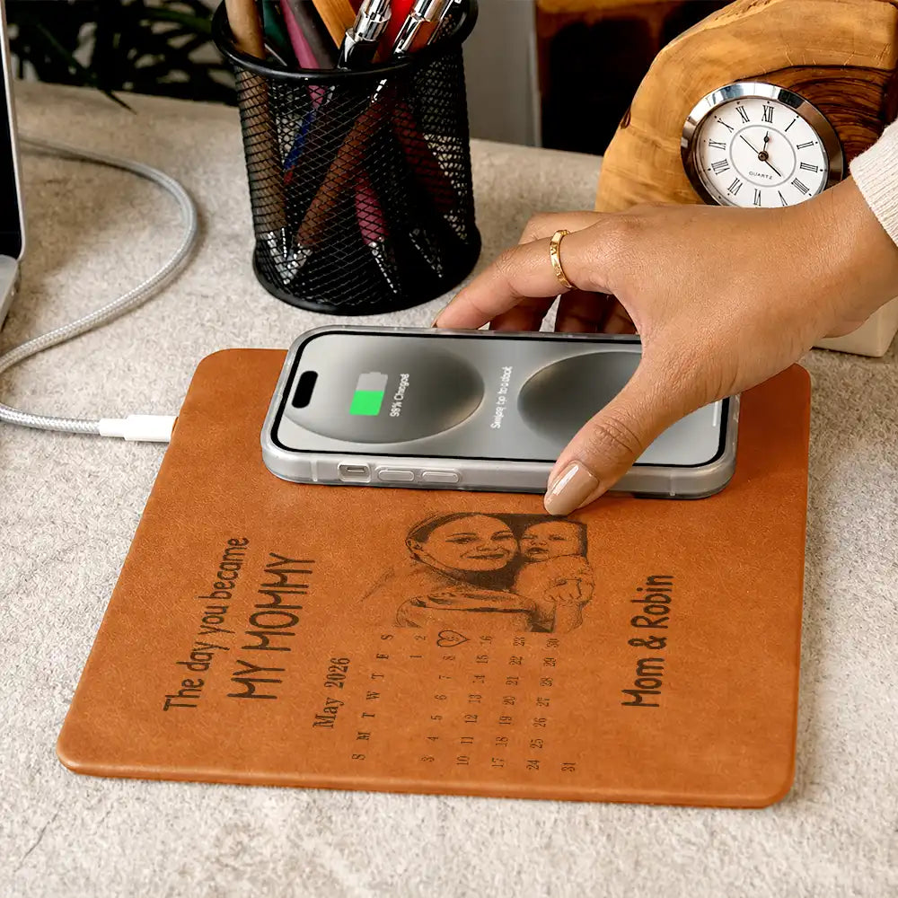 Custom Photo Pencil Sketch Calendar The Day You Became My Mom Dad - Personalized Leather Charging Mat