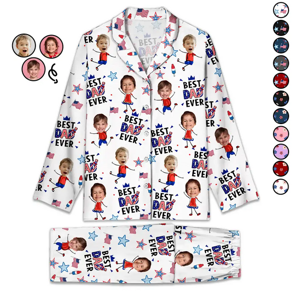 Gift For Mother,Gift For Grandma,Happy,Gift For Father,Gift For Grandpa,Independence Day,Photo,Icon,Humorous - Custom Photo Stars & Stripes Best Dad Mom Grandpa Grandma Ever - Personalized Long Pajamas Set
